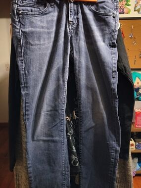 Rerock for express dark wash skinny jeans, faux leather & lace back pocket patch